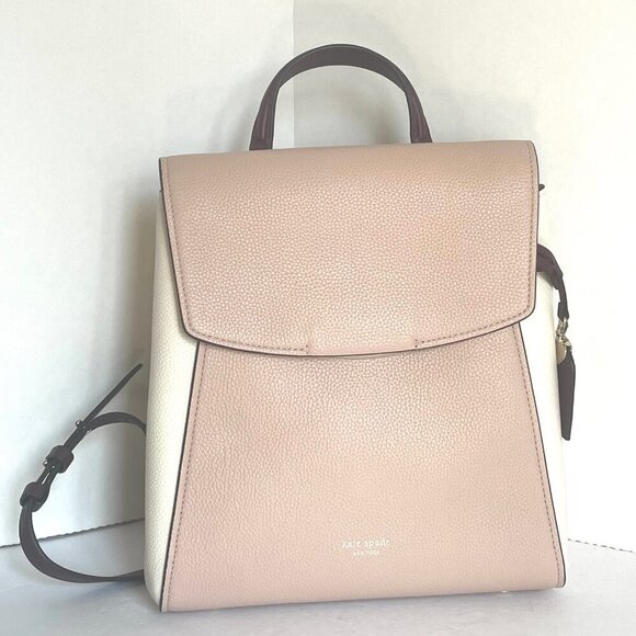 Kate Spade Grace Backpack Medium Beige Leather Pushlock Adjustable Colorblock - Picture 1 of 10
